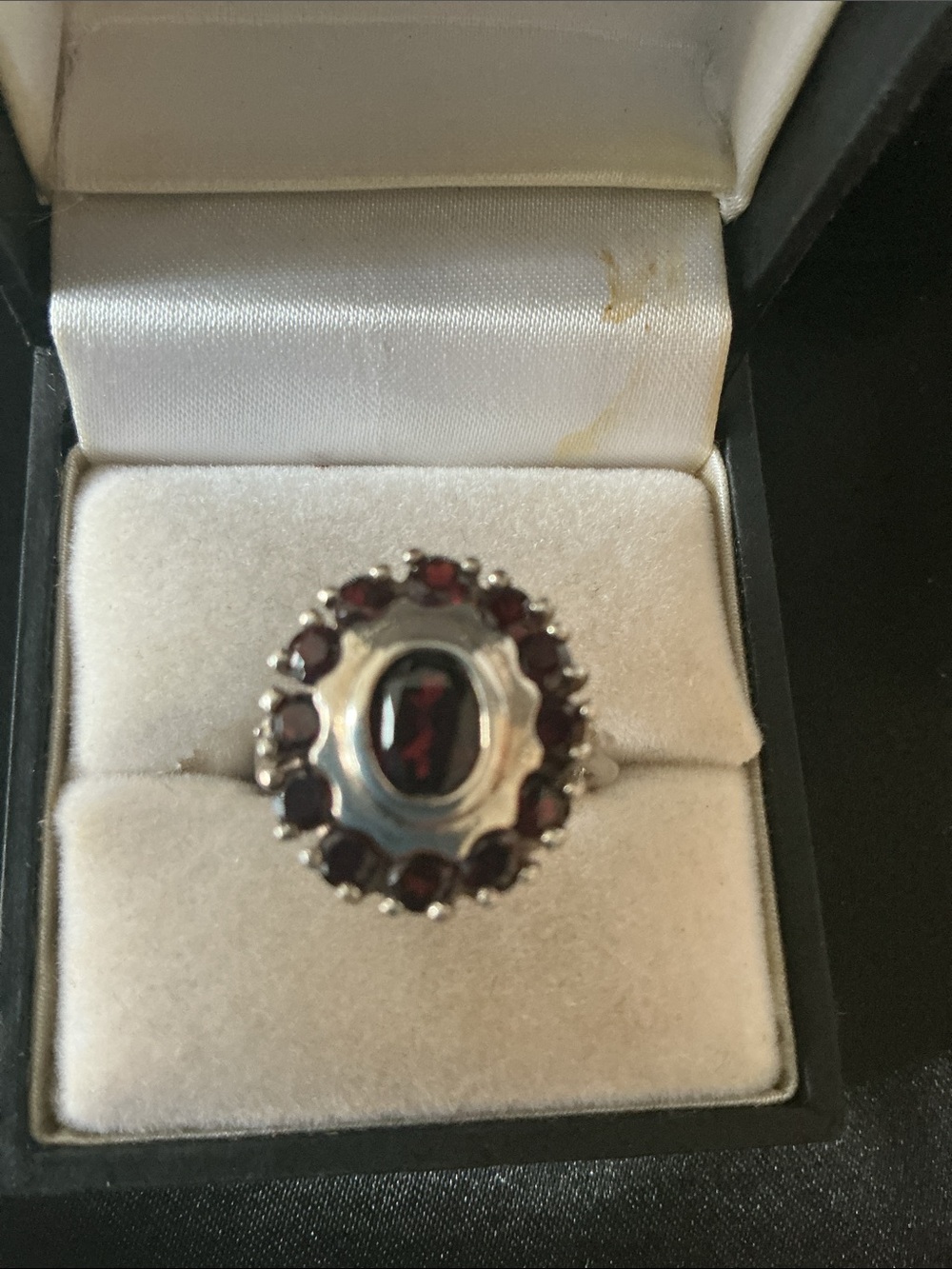 Garnet Halo Silver Ring - Deep Red Fashion Ring